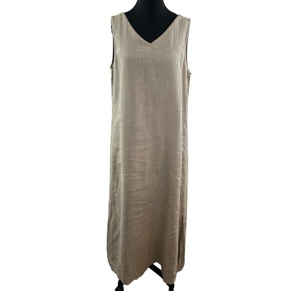 Vintage EILEEN FISHER Sleeveless Linen Shift Sun Dress V-Neckline Maxi M Medium - Picture 1 of 11
